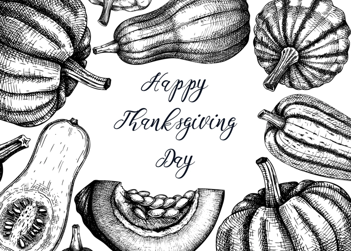 Sketched pumpkin frame. Thanksgiving day background. Autumn food black and white drawings. Vector vegetables, butternut squash, marrow, pumpkin slice sketches. Fall Harvest festival design template